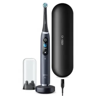 Periuta de dinti electrica Oral-B iO9 cu Tehnologie Magnetica si Micro-Vibratii, Inteligenta artificiala, Display led, Senzor de presiune Smart, Timer vizibil, 7 moduri, 1 capat, Suport rezerve, Incarcator magnetic, Trusa de calatorie cu incarcator, Negru