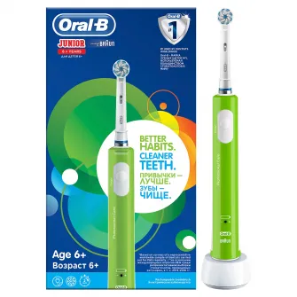 Periuta de dinti electrica Oral B Junior pentru copii, 20000 pulsatii/min, 8800 ocilatii/min, Curatare 3D, 1 program, 1 capat, Verde