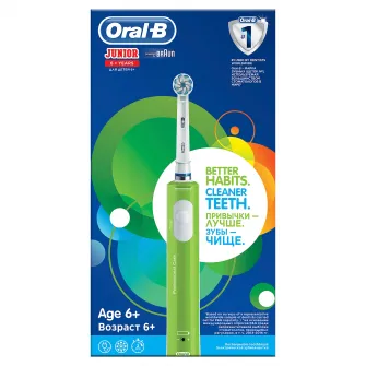 Periuta de dinti electrica Oral B Junior pentru copii, 20000 pulsatii/min, 8800 ocilatii/min, Curatare 3D, 1 program, 1 capat, Verde