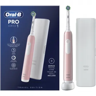 Periuta de dinti electrica Oral-B Pro 1, Curatare 3D, 1 program, 1 capat de periaj, trusa de calatorie, Roz