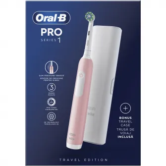 Periuta de dinti electrica Oral-B Pro 1, Curatare 3D, 1 program, 1 capat de periaj, trusa de calatorie, Roz