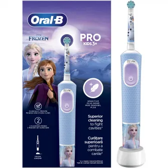 Periuta de dinti electrica Oral-B Pro Kids Frozen pentru copii, Curatare 2D, 2 programe, 1 capat, 4 autocolante, pentru 3+ ani, Albastru