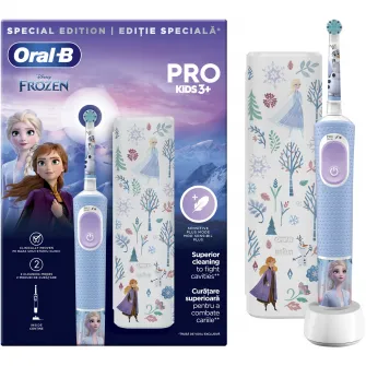 Periuta de dinti electrica Oral-B Pro Kids Frozen pentru copii, Curatare 2D, 2 programe, 1 capat, 4 autocolante, trusa de calatorie, Albastru