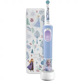 Periuta de dinti electrica Oral-B Pro Kids Frozen pentru copii, Curatare 2D, 2 programe, 1 capat, 4 autocolante, trusa de calatorie, Albastru