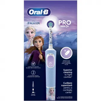 Periuta de dinti electrica Oral-B Pro Kids Frozen pentru copii, Curatare 2D, 2 programe, 1 capat, 4 autocolante, pentru 3+ ani, Albastru