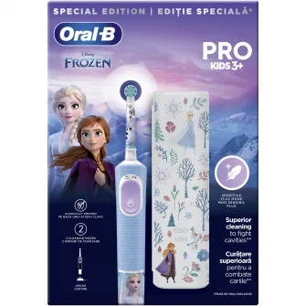 Periuta de dinti electrica Oral-B Pro Kids Frozen pentru copii, Curatare 2D, 2 programe, 1 capat, 4 autocolante, trusa de calatorie, Albastru