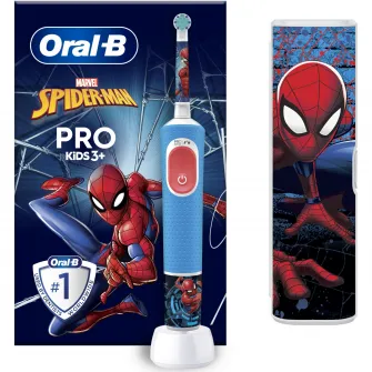 Periuta de dinti electrica Oral-B Pro Kids Spiderman pentru copii,, Curatare 2D, 2 programe, 1 capat, 4 autocolante, trusa de calatorie, Albastru
