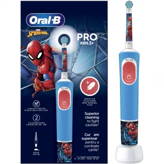 Periuta de dinti electrica Oral-B Pro Kids Spiderman pentru copii, Curatare 2D, 2 programe, 1 capat, 4 autocolante, Albastru