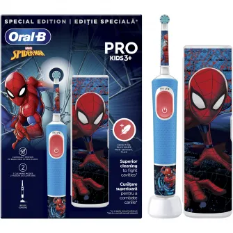 Periuta de dinti electrica Oral-B Pro Kids Spiderman pentru copii,, Curatare 2D, 2 programe, 1 capat, 4 autocolante, trusa de calatorie, Albastru
