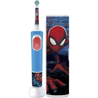 Periuta de dinti electrica Oral-B Pro Kids Spiderman pentru copii,, Curatare 2D, 2 programe, 1 capat, 4 autocolante, trusa de calatorie, Albastru