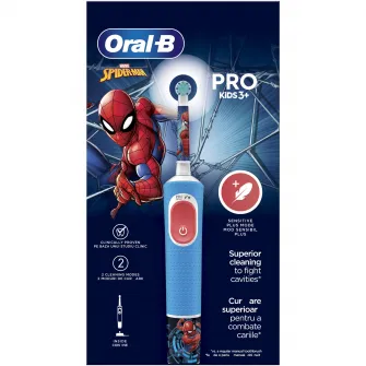 Periuta de dinti electrica Oral-B Pro Kids Spiderman pentru copii, Curatare 2D, 2 programe, 1 capat, 4 autocolante, Albastru
