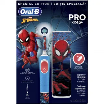 Periuta de dinti electrica Oral-B Pro Kids Spiderman pentru copii,, Curatare 2D, 2 programe, 1 capat, 4 autocolante, trusa de calatorie, Albastru