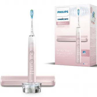 Periuta de dinti electrica Philips Sonicare DiamondClean 9000 HX9911/84, 62000 miscari/min, 4 moduri de curatare, 3 nivele intensitate, senzor presiune, functia BrushSync, aplicatie Sonicare, wireless Bluetooth, toc transport, baza de incarcare, Roz