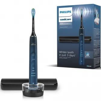 Periuta de dinti electrica Philips Sonicare DiamondClean 9000 HX9911/88, 62000 miscari/min, 4 moduri de curatare, 3 nivele intensitate, senzor presiune,functia BrushSync, aplicatie Sonicare, wireless Bluetooth, toc transport, baza de incarcare, Acvamarin
