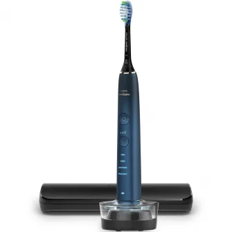 Periuta de dinti electrica Philips Sonicare DiamondClean 9000 HX9911/88, 62000 miscari/min, 4 moduri de curatare, 3 nivele intensitate, senzor presiune,functia BrushSync, aplicatie Sonicare, wireless Bluetooth, toc transport, baza de incarcare, Acvamarin
