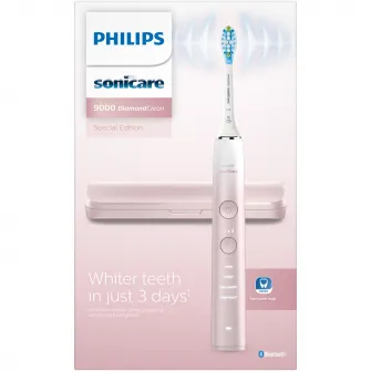 Periuta de dinti electrica Philips Sonicare DiamondClean 9000 HX9911/84, 62000 miscari/min, 4 moduri de curatare, 3 nivele intensitate, senzor presiune, functia BrushSync, aplicatie Sonicare, wireless Bluetooth, toc transport, baza de incarcare, Roz