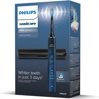 Periuta de dinti electrica Philips Sonicare DiamondClean 9000 HX9911/88, 62000 miscari/min, 4 moduri de curatare, 3 nivele intensitate, senzor presiune,functia BrushSync, aplicatie Sonicare, wireless Bluetooth, toc transport, baza de incarcare, Acvamarin