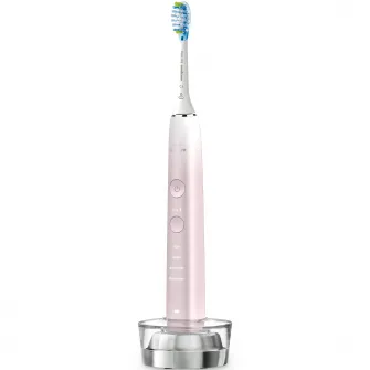 Periuta de dinti electrica Philips Sonicare DiamondClean 9000 HX9911/84, 62000 miscari/min, 4 moduri de curatare, 3 nivele intensitate, senzor presiune, functia BrushSync, aplicatie Sonicare, wireless Bluetooth, toc transport, baza de incarcare, Roz