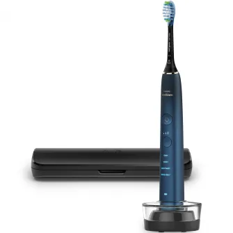 Periuta de dinti electrica Philips Sonicare DiamondClean 9000 HX9911/88, 62000 miscari/min, 4 moduri de curatare, 3 nivele intensitate, senzor presiune,functia BrushSync, aplicatie Sonicare, wireless Bluetooth, toc transport, baza de incarcare, Acvamarin