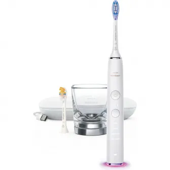 Periuta de dinti sonica electrica Philips Sonicare DiamondClean 9000 HX9917/88, 62000 miscari/minut, 4 moduri de curatare, 3 nivele intensitate, senzor presiune, functia BrushSync, 2 baze cu rol de incarcare, 2 capete de periere, aplicatie Sonicare, Alb