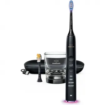 Periuta de dinti sonica electrica Philips Sonicare DiamondClean 9000 HX9917/89, 62000 miscari/minut, 4 moduri de curatare, 3 nivele intensitate, senzor presiune, functia BrushSync, 2 baze de incarcare, 2 capete de periere, aplicatie Sonicare, Negru