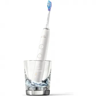 Periuta de dinti sonica electrica Philips Sonicare DiamondClean 9000 HX9917/88, 62000 miscari/minut, 4 moduri de curatare, 3 nivele intensitate, senzor presiune, functia BrushSync, 2 baze cu rol de incarcare, 2 capete de periere, aplicatie Sonicare, Alb