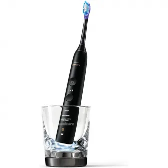 Periuta de dinti sonica electrica Philips Sonicare DiamondClean 9000 HX9917/89, 62000 miscari/minut, 4 moduri de curatare, 3 nivele intensitate, senzor presiune, functia BrushSync, 2 baze de incarcare, 2 capete de periere, aplicatie Sonicare, Negru