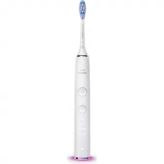 Periuta de dinti sonica electrica Philips Sonicare DiamondClean 9000 HX9917/88, 62000 miscari/minut, 4 moduri de curatare, 3 nivele intensitate, senzor presiune, functia BrushSync, 2 baze cu rol de incarcare, 2 capete de periere, aplicatie Sonicare, Alb