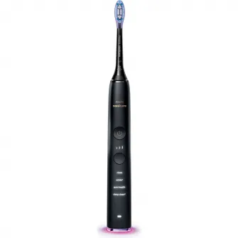 Periuta de dinti sonica electrica Philips Sonicare DiamondClean 9000 HX9917/89, 62000 miscari/minut, 4 moduri de curatare, 3 nivele intensitate, senzor presiune, functia BrushSync, 2 baze de incarcare, 2 capete de periere, aplicatie Sonicare, Negru