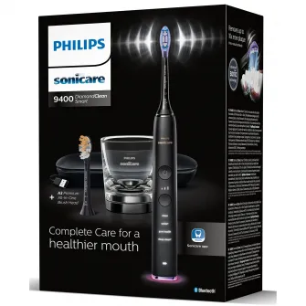 Periuta de dinti sonica electrica Philips Sonicare DiamondClean 9000 HX9917/89, 62000 miscari/minut, 4 moduri de curatare, 3 nivele intensitate, senzor presiune, functia BrushSync, 2 baze de incarcare, 2 capete de periere, aplicatie Sonicare, Negru