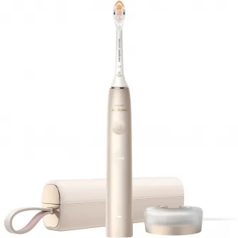 Periuta electrica sonica Philips Prestige 9900 HX9992/11, 62000 miscari/minut, tehnologie SenseIQ, aplicatie Sonicare cu inteligenta artificiala, wireless Bluetooth, senzori integrati, 5 moduri personalizabile, 1 cap de periere, Champagne