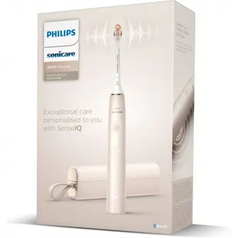 Periuta electrica sonica Philips Prestige 9900 HX9992/11, 62000 miscari/minut, tehnologie SenseIQ, aplicatie Sonicare cu inteligenta artificiala, wireless Bluetooth, senzori integrati, 5 moduri personalizabile, 1 cap de periere, Champagne
