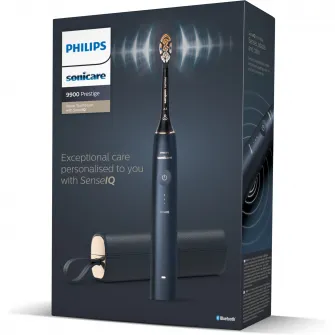 Periuta electrica sonica Philips Prestige 9900 HX9992/12, 62000 miscari/minut, tehnologie SenseIQ, aplicatie Sonicare cu inteligenta artificiala, wireless Bluetooth, senzori integrati, 5 moduri personalizabile, 1 cap de periere, Albastru