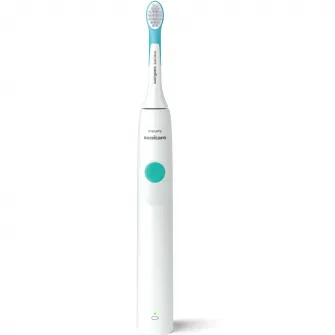 Periuta electrica sonica Philips Sonicare Kids HX3601/01, 2 intensitati, conectivitate la aplicatie, 1 capat de periere, aplicatie de consiliere, stickere, Alb/Bleu