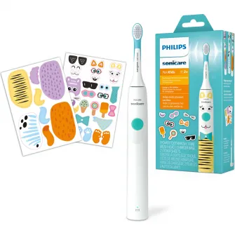 Periuta electrica sonica Philips Sonicare Kids HX3601/01, 2 intensitati, conectivitate la aplicatie, 1 capat de periere, aplicatie de consiliere, stickere, Alb/Bleu