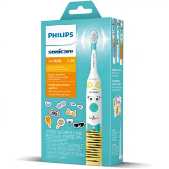 Periuta electrica sonica Philips Sonicare Kids HX3601/01, 2 intensitati, conectivitate la aplicatie, 1 capat de periere, aplicatie de consiliere, stickere, Alb/Bleu