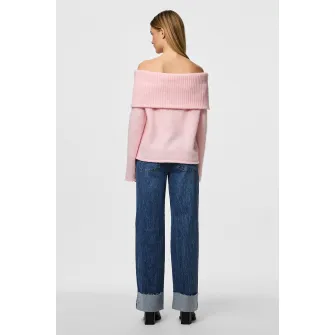 Pieces, Pulover tricotat cu decolteu pe umeri, Roz pal, XL