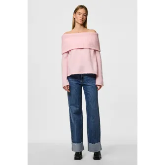 Pieces, Pulover tricotat cu decolteu pe umeri, Roz pal, XL