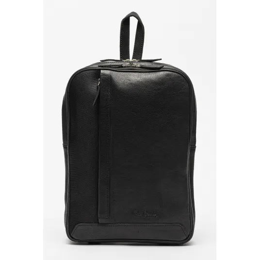 Pierre Cardin, Rucsac de piele cu detalii de panza, Negru