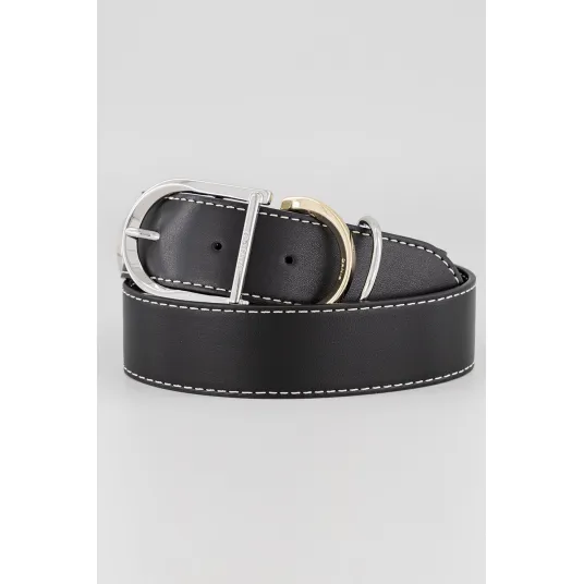 Pinko, Curea de piele cu catarama dubla Hippolita, Negru, Alb murdar, Argintiu, 89