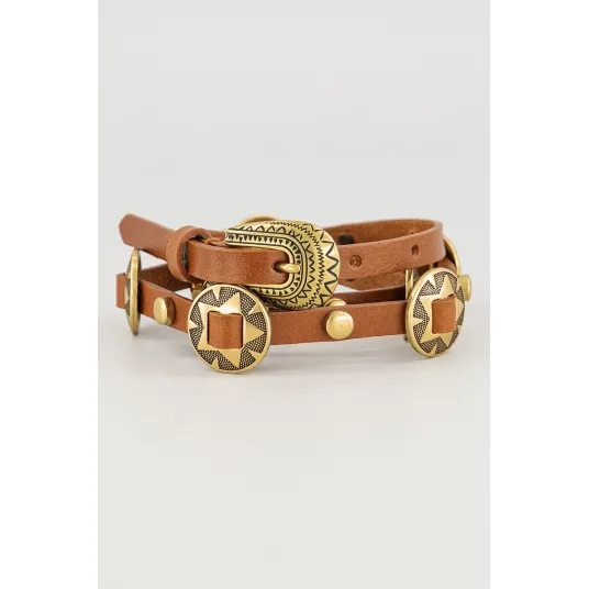 Pinko, Curea de piele cu tinte si elemente metalice, Caramel, 79