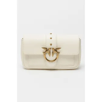Pinko, Geanta crossbody de piele cu clapa Love One, Alb murdar