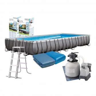 Piscina Intex 26378NP Prism Ultra Frame Set,  pompa + Kit mentenata,  scara,  panou protectie si fileu volei inclus, 975 x 488 cm