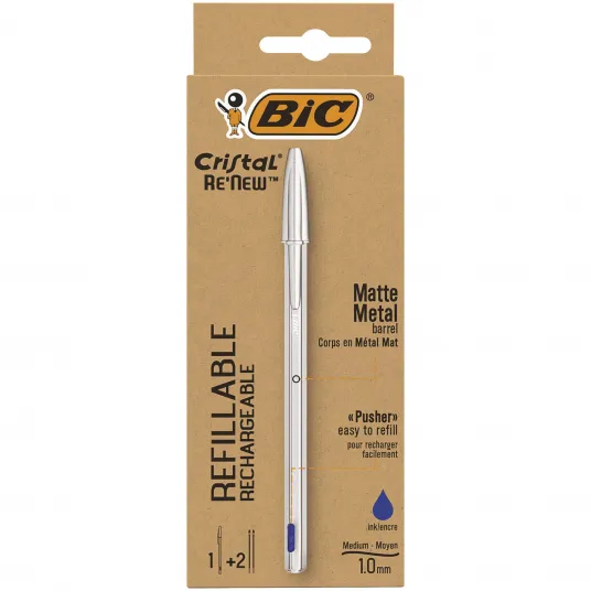 Pix BIC Cristal ReNew, 1.0 mm, albastru, corp din metal, cutie 1 pix si 2 rezerve