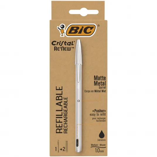 Pix BIC Cristal ReNew, 1.0 mm, negru, corp din metal, cutie 1 pix si 2 rezerve