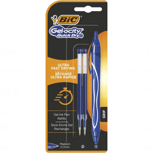 Ручка гелевая BIC Gel-ocity Quick Dry, быстросохнущая, 0,7 мм, синяя, блистер 1 штука + 2 стержня