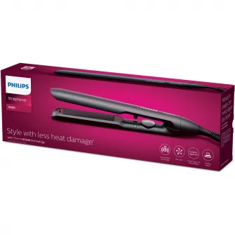 Placa de indreptat parul Philips Prestige BHS510/00, tehnologie ThermoShield, placi infuzate cu ulei de argan, 230°C, ingrijire ioni, 12 setari temperatura, husa termorezistenta, Negru