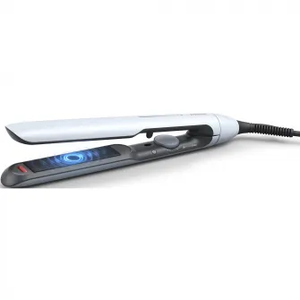 Placa de indreptat parul Philips Prestige BHS520/00, tehnologie ThermoShield, placi infuzate cu ulei de argan, 230°C, ingrijire ioni, 12 setari temperatura, husa termorezistenta, Albastru deschis