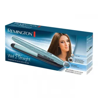 Placa de indreptat parul Remington Wet2Straight S7300, 230°, Invelis ceramic, Incalzire in 15 sec., Placi 110mm, Oprire automata, Husa, Albastru/Negru