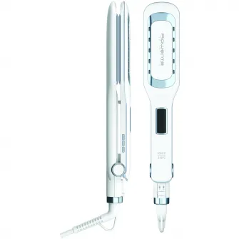 Выпрямитель для волос ROWENTA Wet Dry Pro SF5010F0, нанокерамическое покрытие, ионный генератор, ЖК-экран, 6 уровней температуры, белый/серебристый